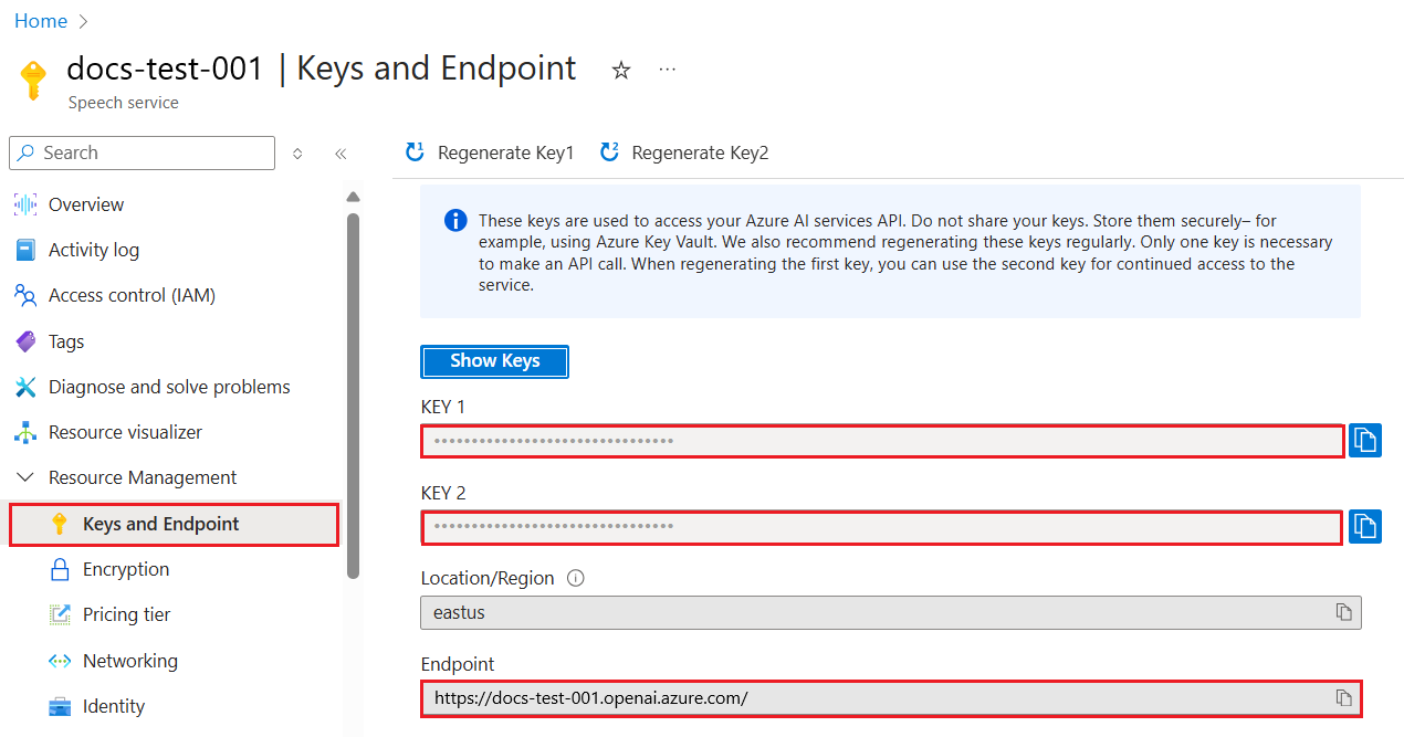 بخش Keys and Endpoint در پرتال Azure برای گرفتن کلید API برنامه تولید متن